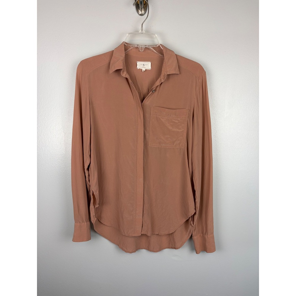 Lou & Grey 100% Silk Button Down Blouse Top XS Dusty Rose Long Sleeve Natural